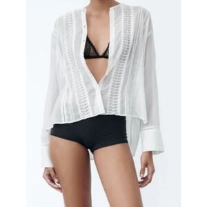 ZARA The Mona Blouse White Hi-Low Long Sleeve Button Down Blouse Womens Medium